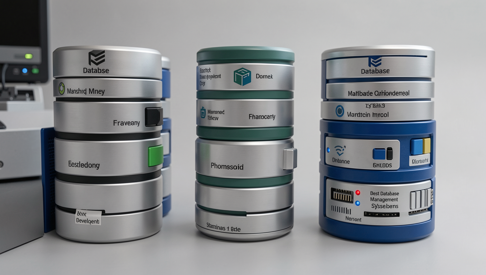 Illustration of various database management systems in a technical diagram style.
