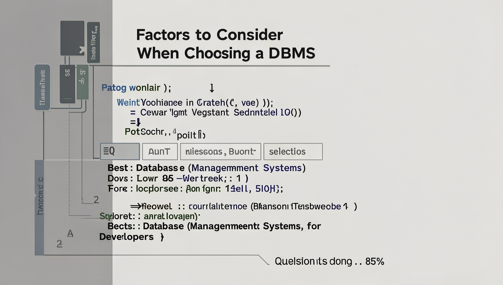 Checklist of factors for selecting a Database Management System in a professional setting.