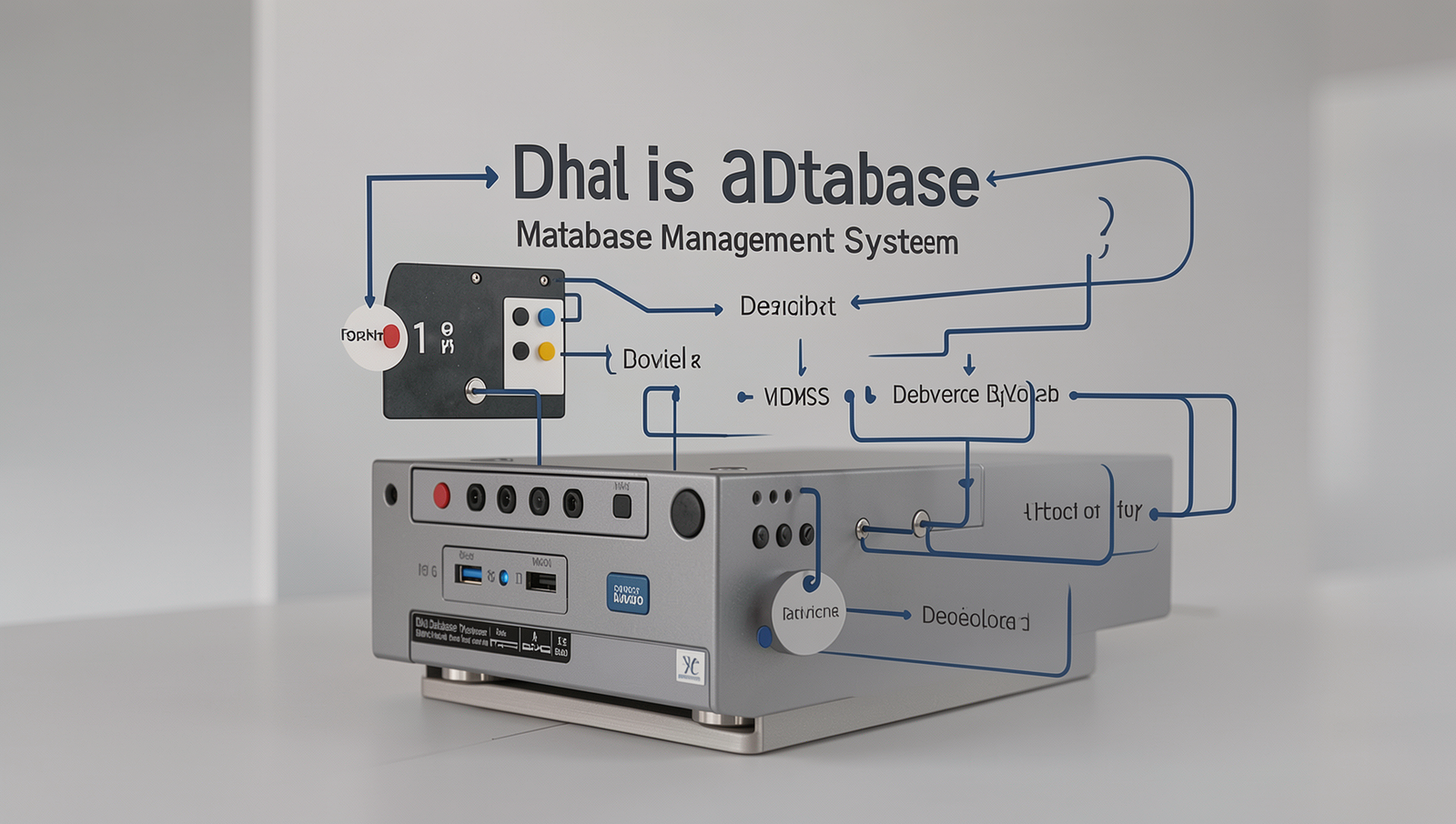 Illustration of a database management system (DBMS) with components and functions.