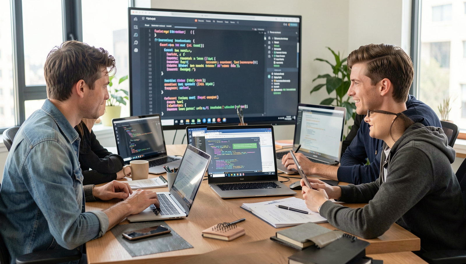 Diverse developers collaborating online in a virtual workspace.