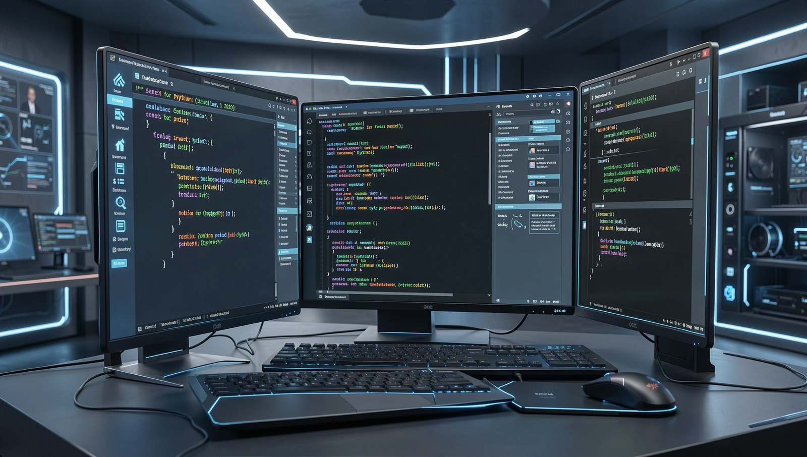 Futuristic coding environment for Python development with advanced technology.