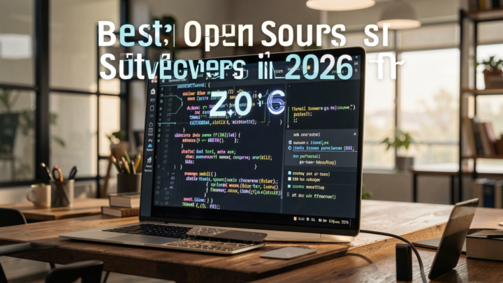 Photorealistic image showcasing top open source software tools for developers in 2026.