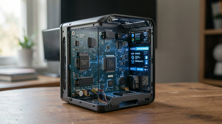 Professional editorial image of a person setting up a virtual machine on Windows 11.