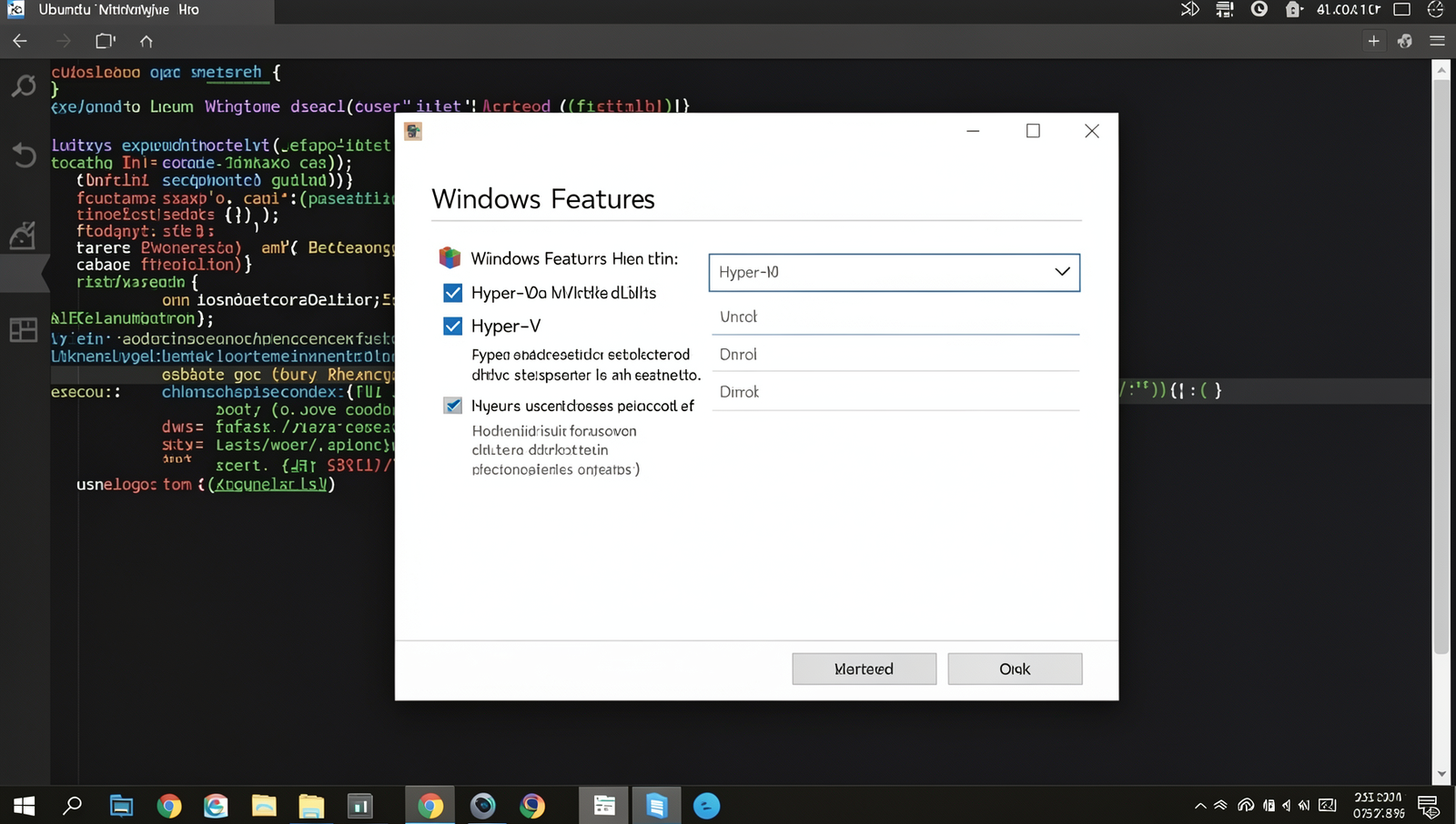 Windows Features dialog with Hyper-V option checked on a computer screen.
