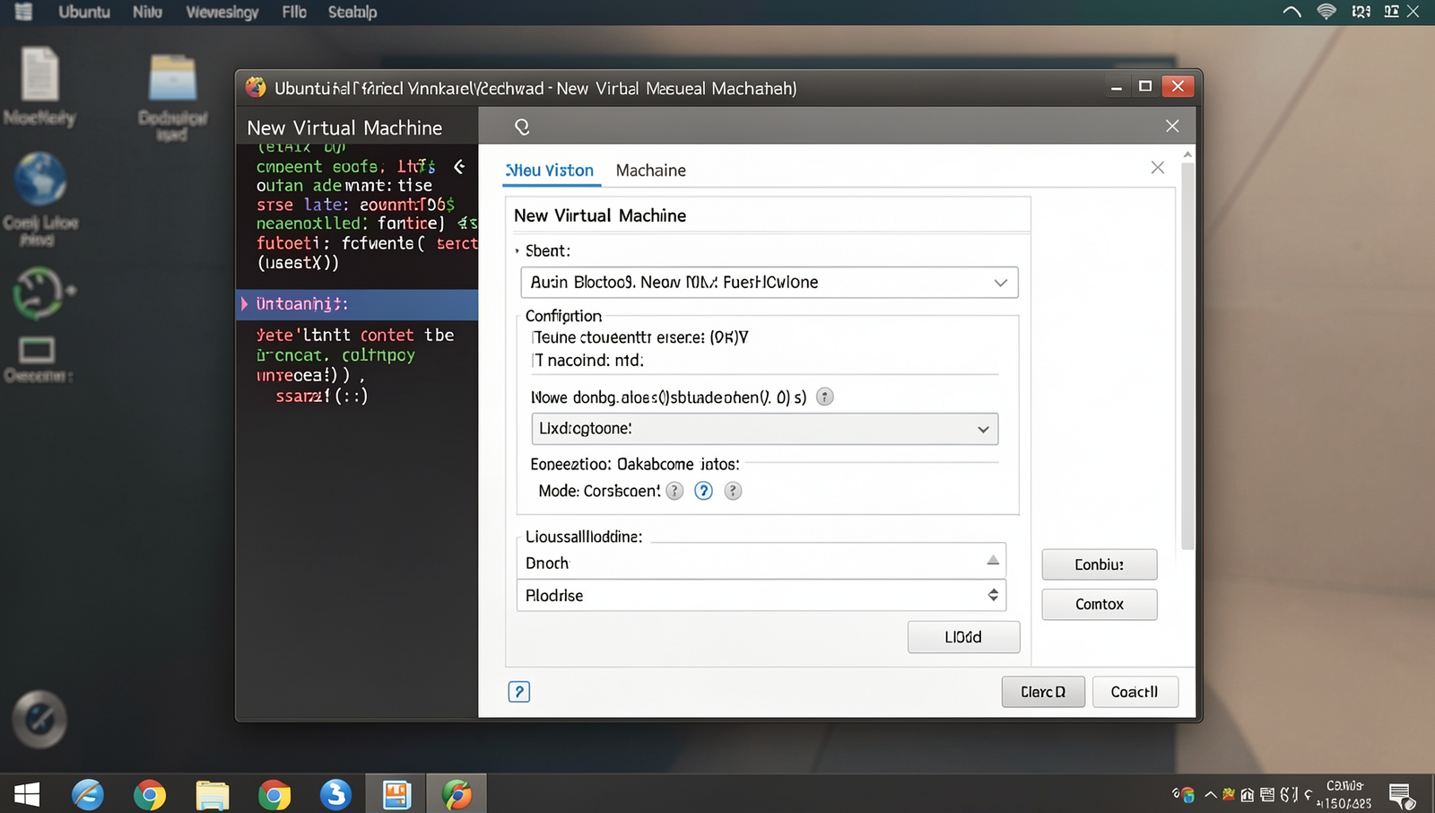 New Virtual Machine wizard displaying configuration options on a Linux desktop.