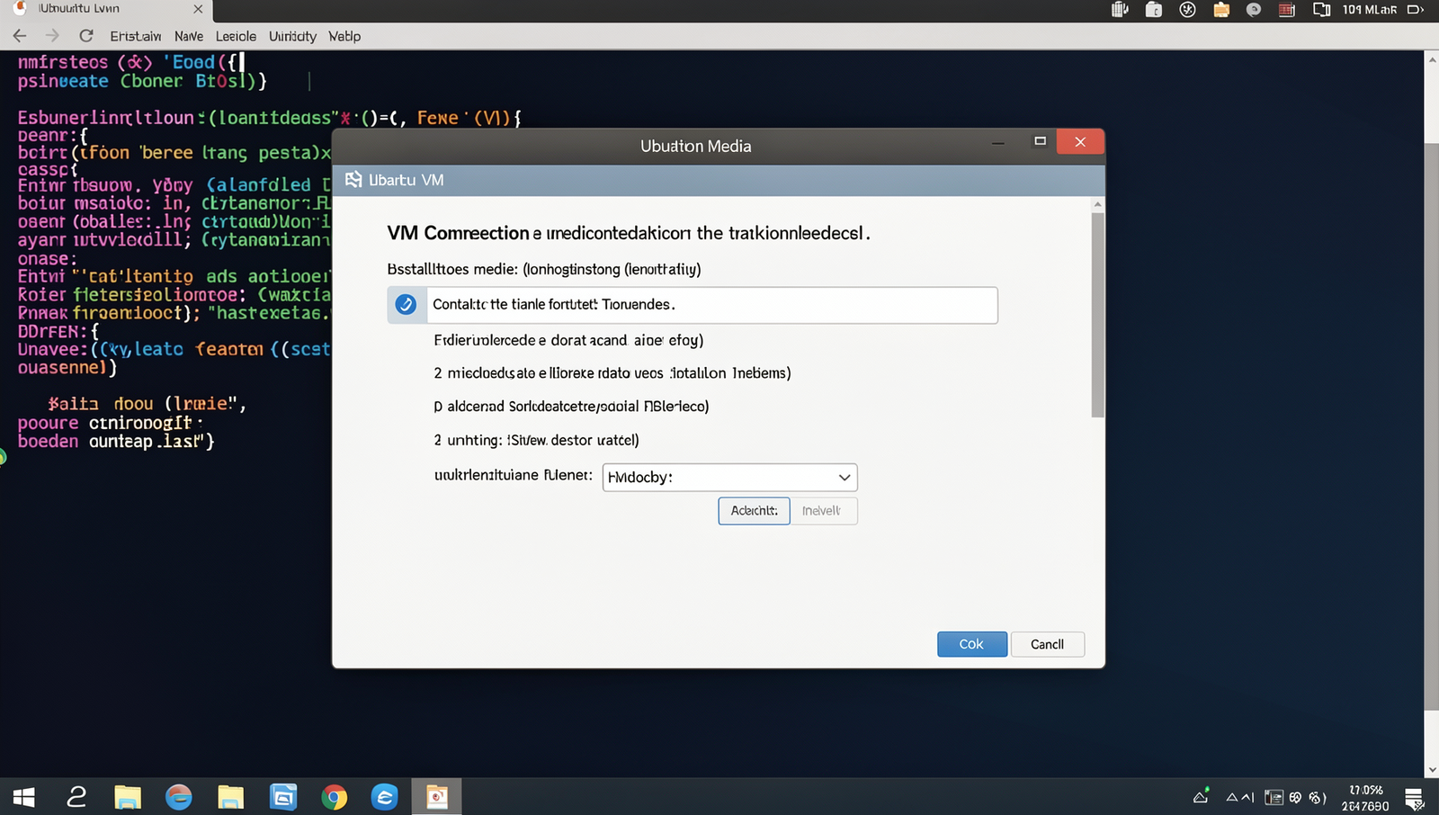 VM connection window displaying installation media options on a Linux desktop.