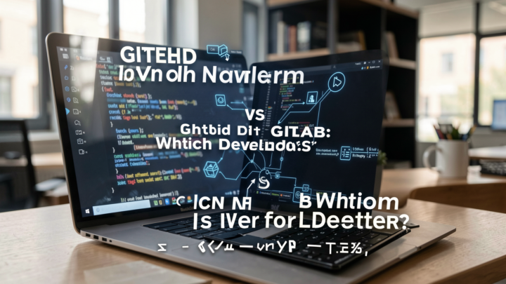A side-by-side comparison of GitHub and GitLab in a tech-themed setting.