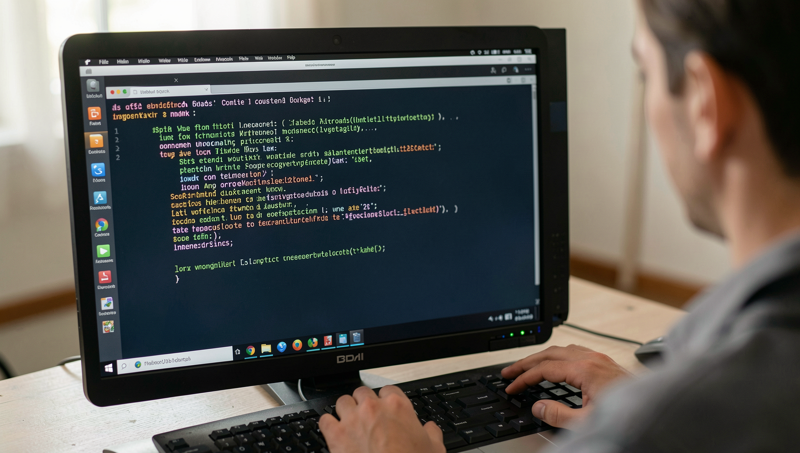 Person reading error messages on a realistic Linux computer screen in a tutorial setting.