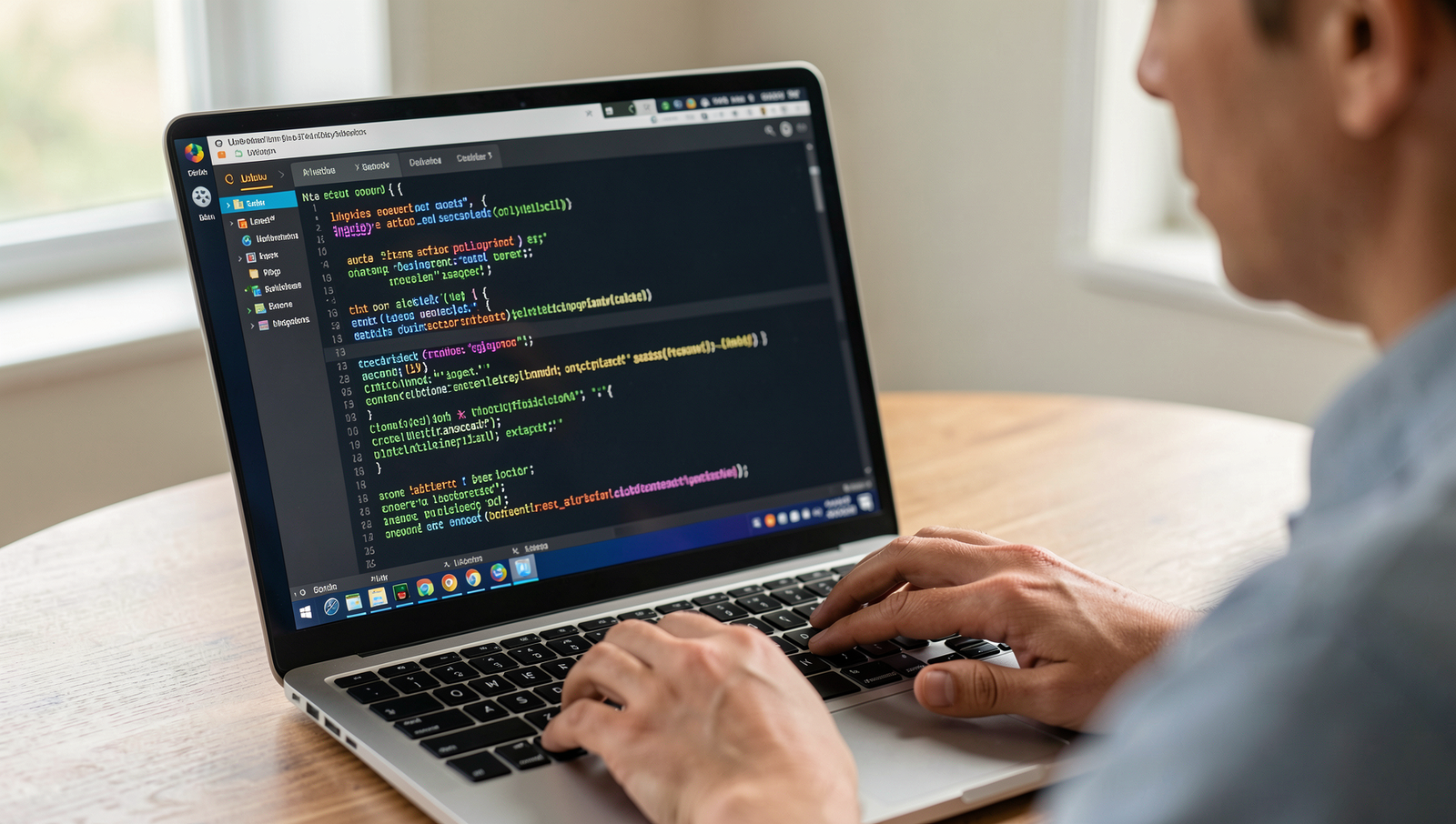Person reading Linux documentation on a laptop with realistic screen display.