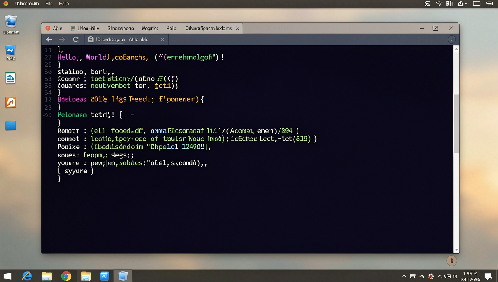 Photorealistic image of a code editor displaying 'Hello, World!' on a Linux desktop.