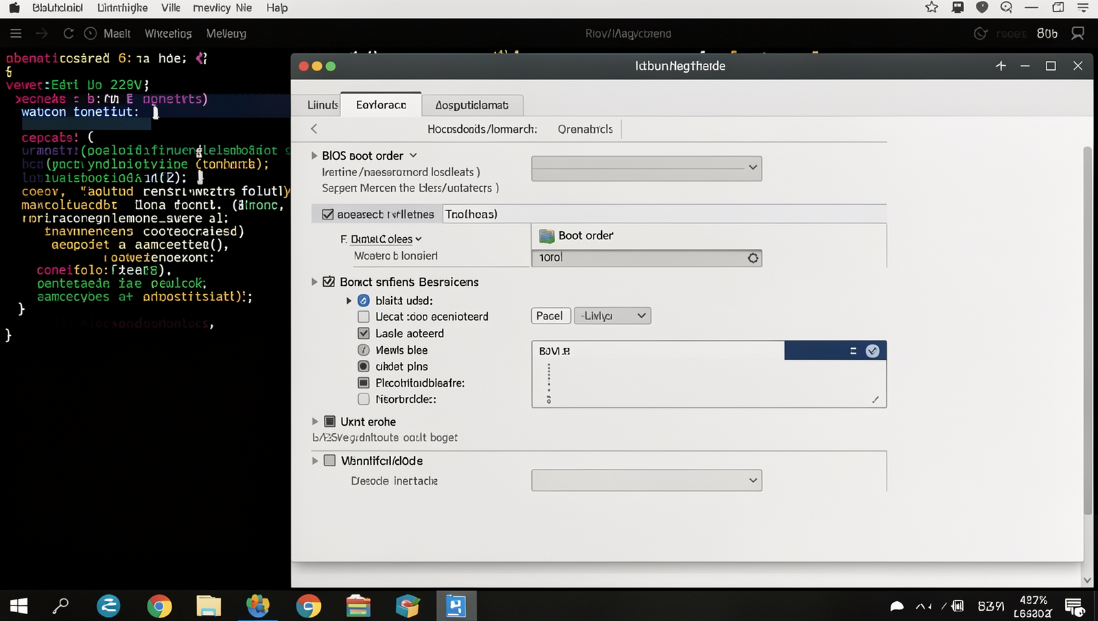 Photorealistic image of BIOS settings showing boot order options on a Linux desktop.