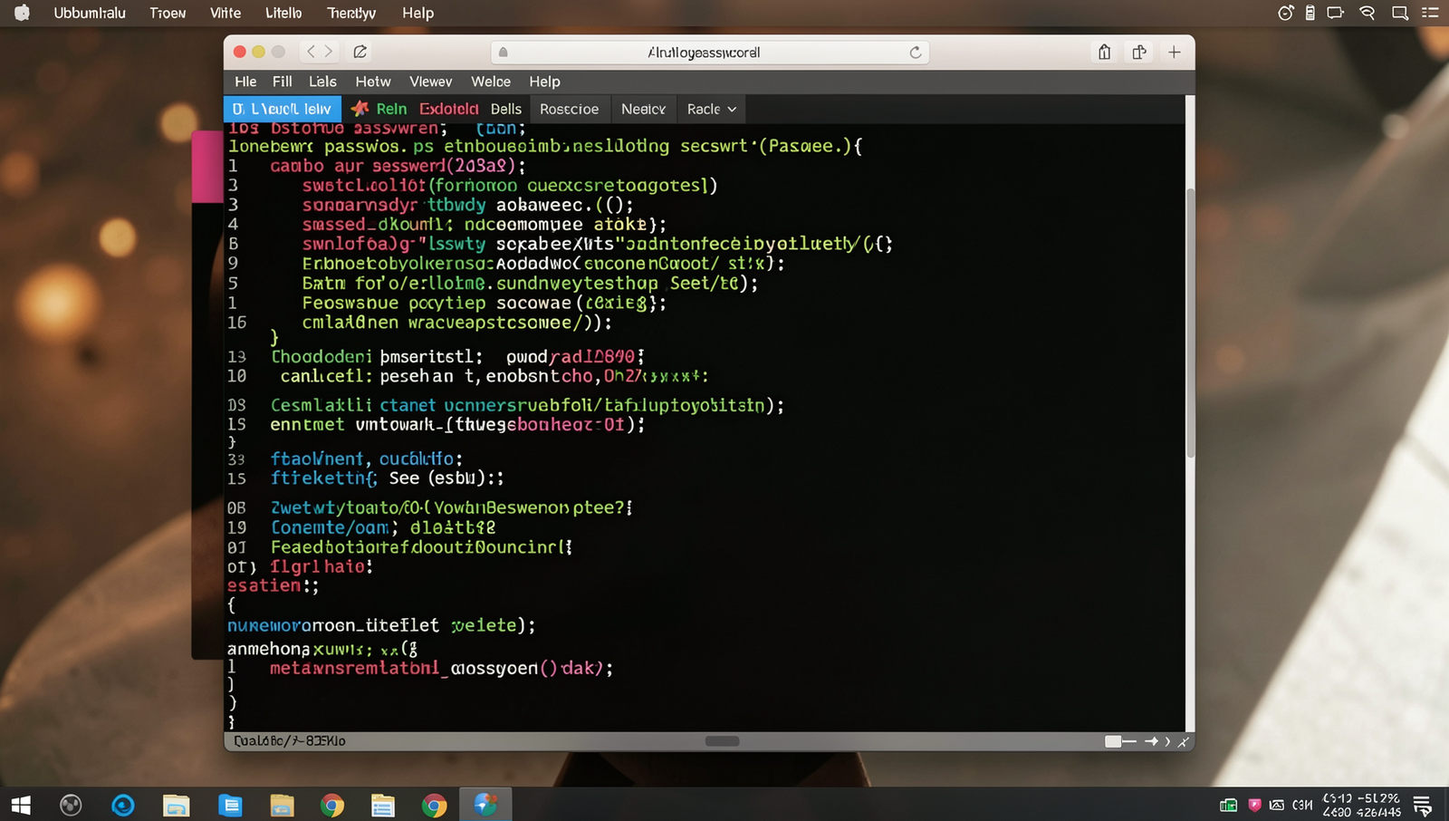 Photorealistic computer screen displaying a strong password example in a Linux terminal.