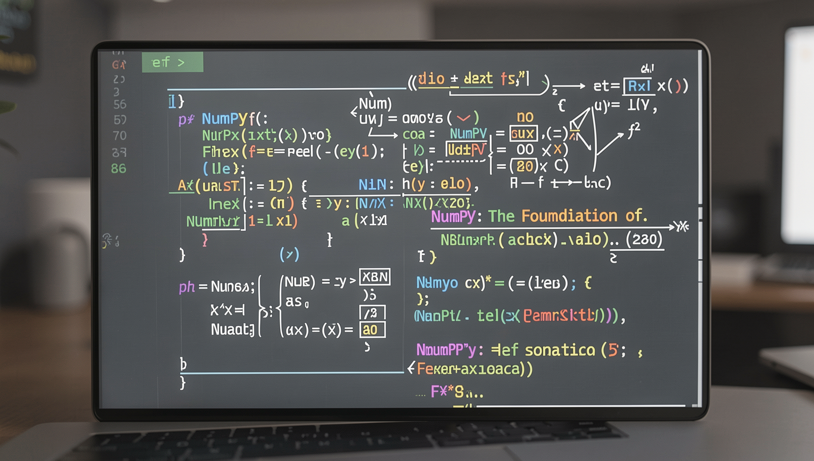 Photorealistic illustration of NumPy arrays and mathematical operations in Python.