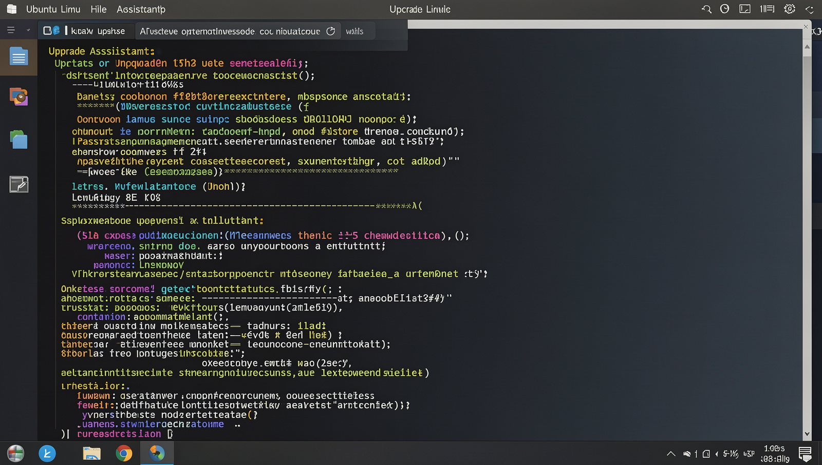 Photorealistic image of a Linux desktop running the Upgrade Assistant tutorial step.