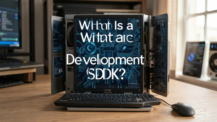 Photorealistic image depicting a software development kit in a modern workspace.