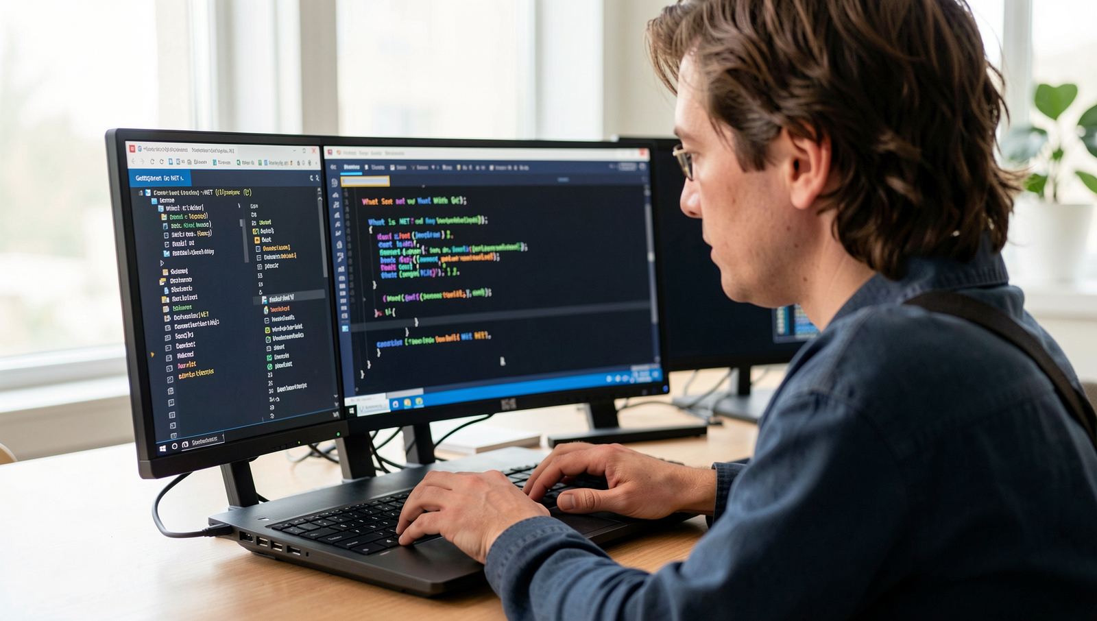 Developer coding in Visual Studio with natural lighting and sharp focus.