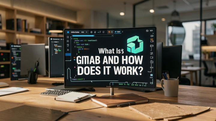 Professional editorial photo depicting a software development environment with GitLab themes.