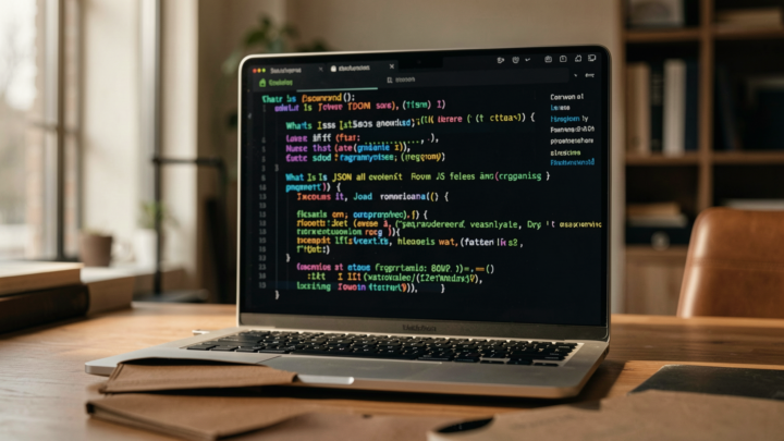 Professional editorial photo illustrating programming concepts with JSON in a real-world setting.
