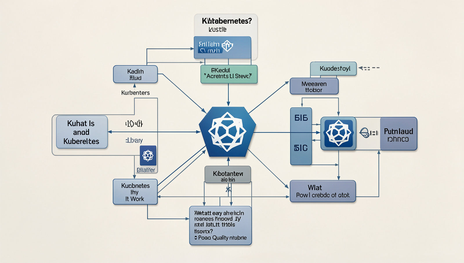 Detailed diagram of Kubernetes architecture with nodes and components.