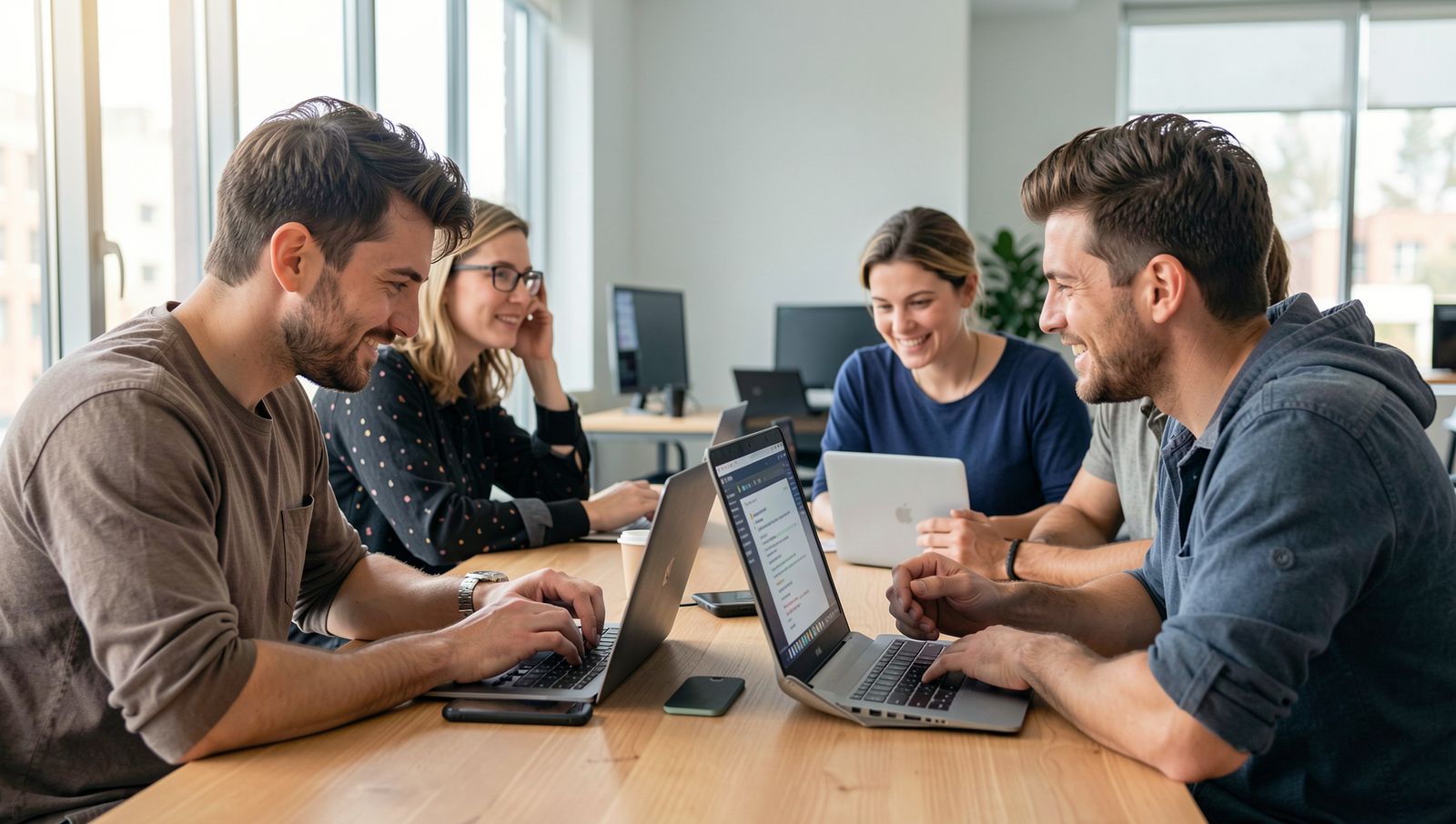 Team collaborating on a TypeScript project in a modern office setting.
